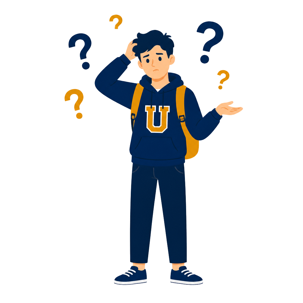 Ilustrasi mahasiswa yang bingung dikelilingi tanda tanya